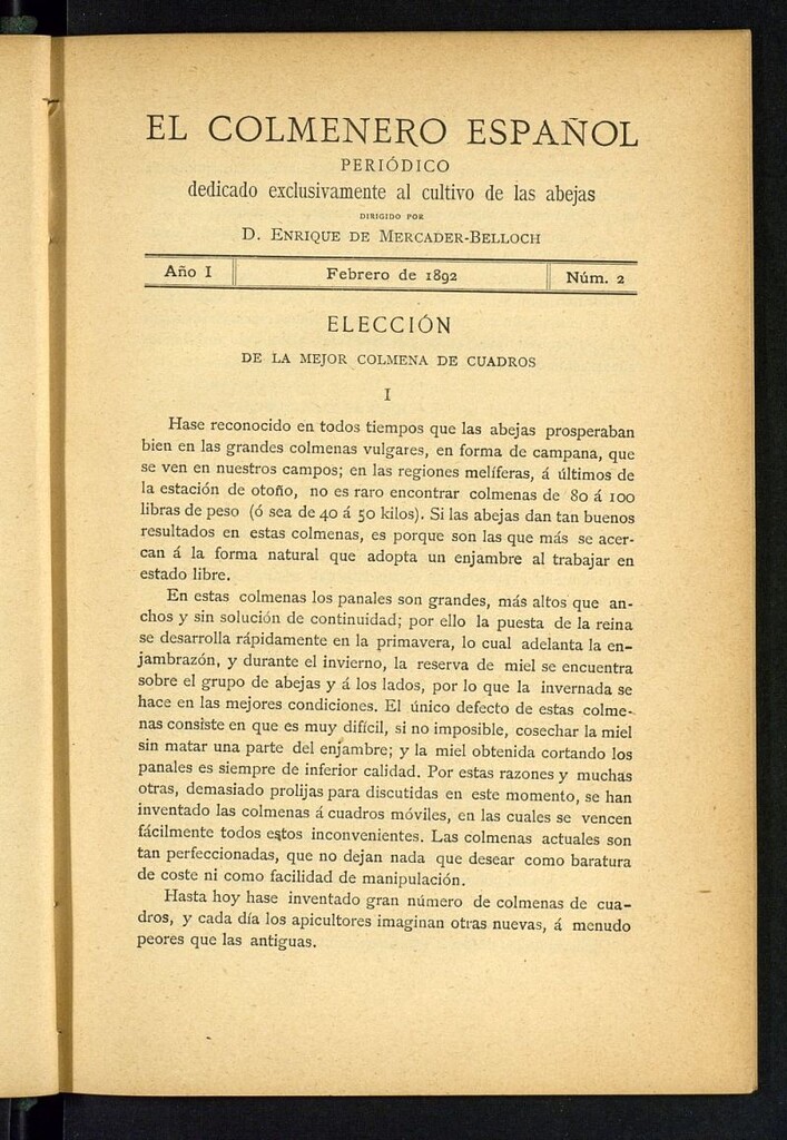 Miniatura de El Colmenero Español : periódico dedicado exclusivamente al cultivo de las abejas de febrero de 1892