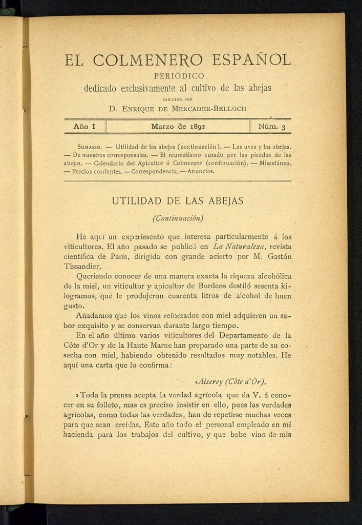 Miniatura de El Colmenero Español : periódico dedicado exclusivamente al cultivo de las abejas de marzo de 1892