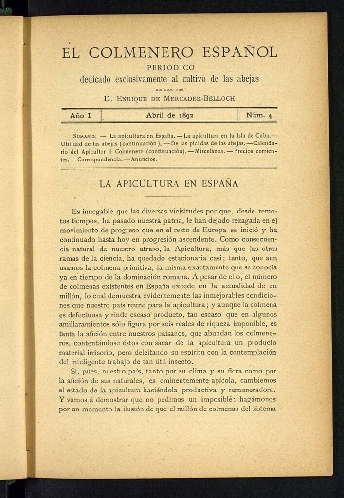 Miniatura de El Colmenero Español : periódico dedicado exclusivamente al cultivo de las abejas de abril de 1892