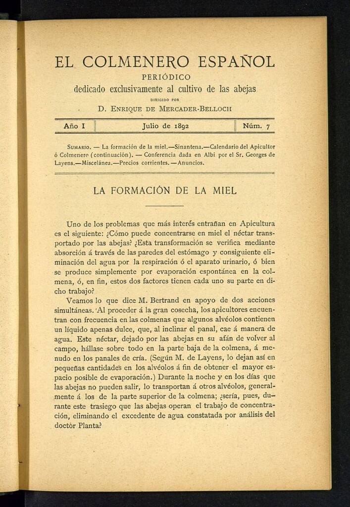 Miniatura de El Colmenero Español : periódico dedicado exclusivamente al cultivo de las abejas de julio de 1892