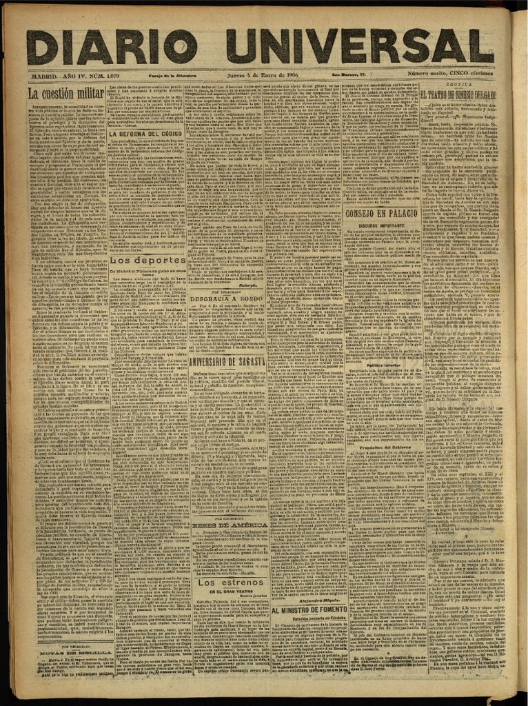 Miniatura de Diario Universal del 4 de enero de 1906, edición de noche