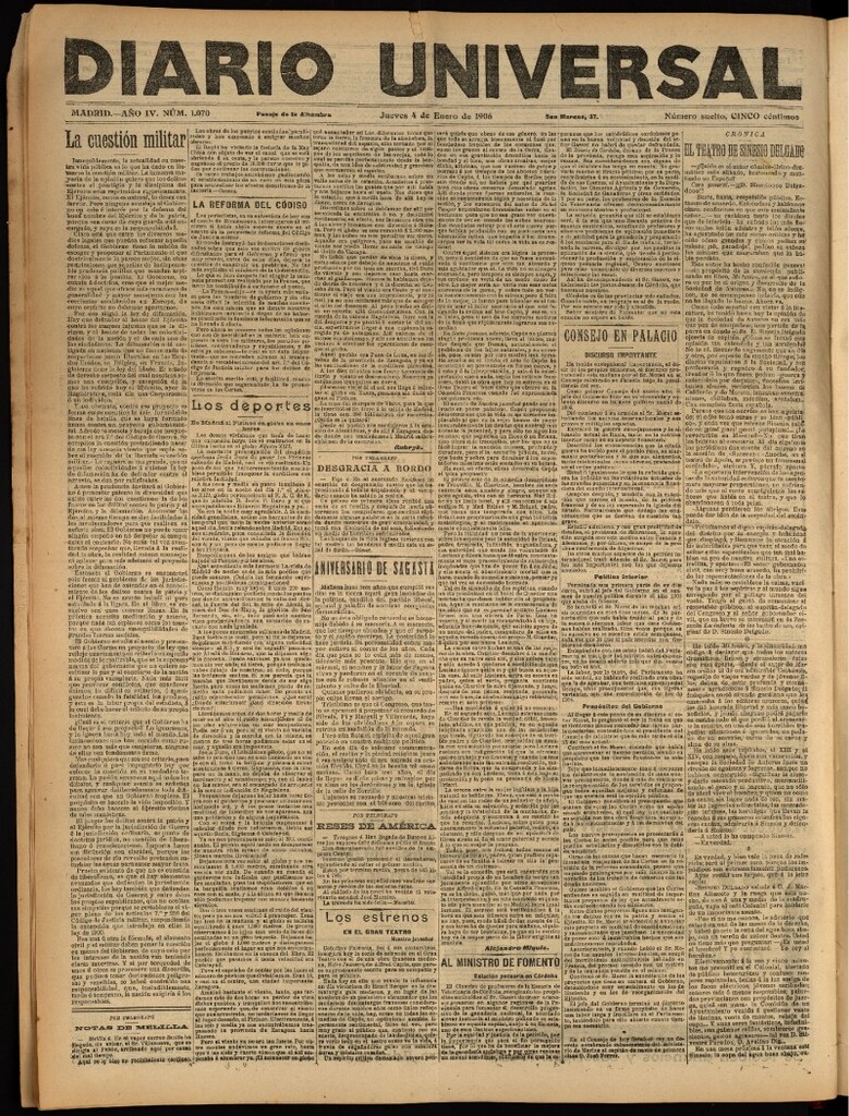 Miniatura de Diario Universal del 4 de enero de 1906, edición de tarde