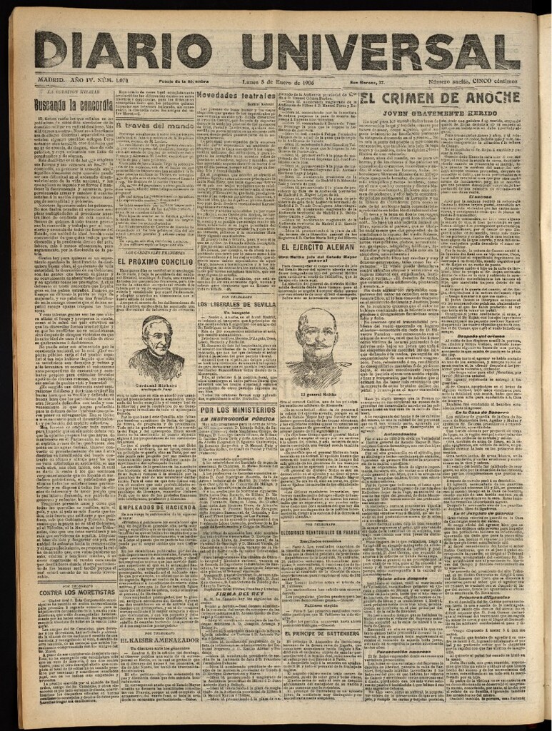 Miniatura de Diario Universal del 8 de enero de 1906, edición de tarde