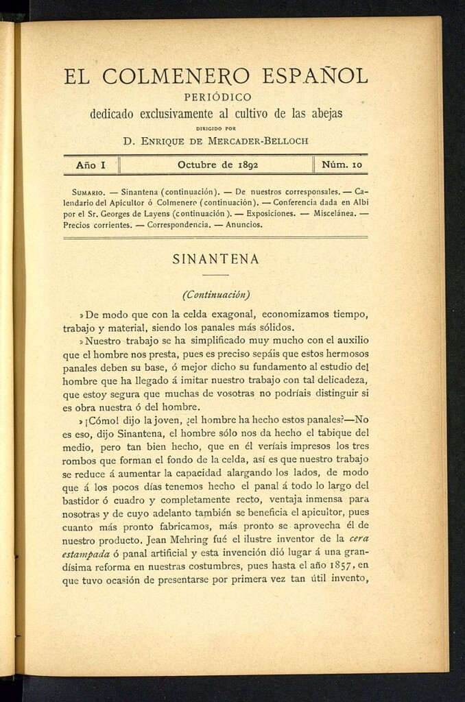 Miniatura de El Colmenero Español : periódico dedicado exclusivamente al cultivo de las abejas de octubre de 1892