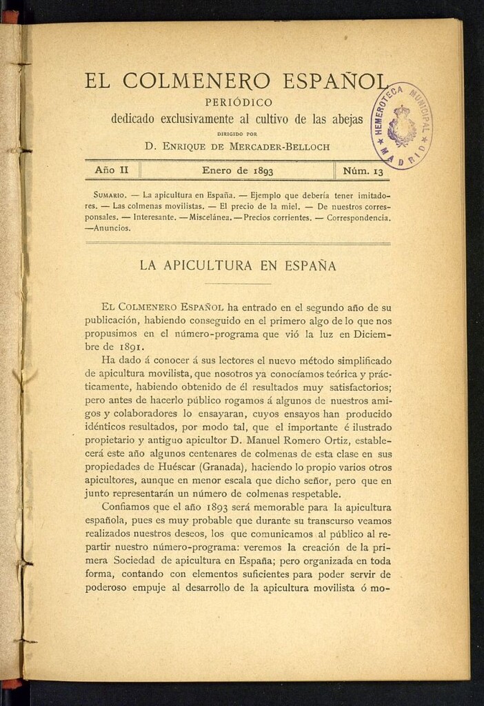 Miniatura de El Colmenero Español : periódico dedicado exclusivamente al cultivo de las abejas de enero de 1893