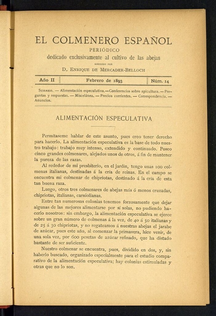 Miniatura de El Colmenero Español : periódico dedicado exclusivamente al cultivo de las abejas de febrero de 1893
