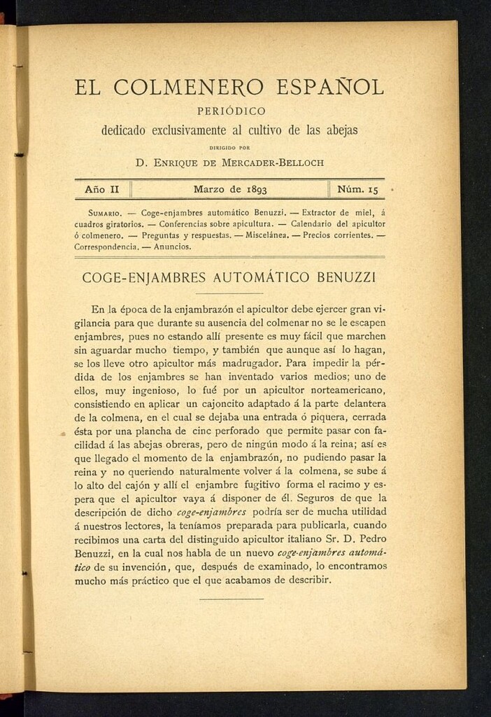 Miniatura de El Colmenero Español : periódico dedicado exclusivamente al cultivo de las abejas de marzo de 1893