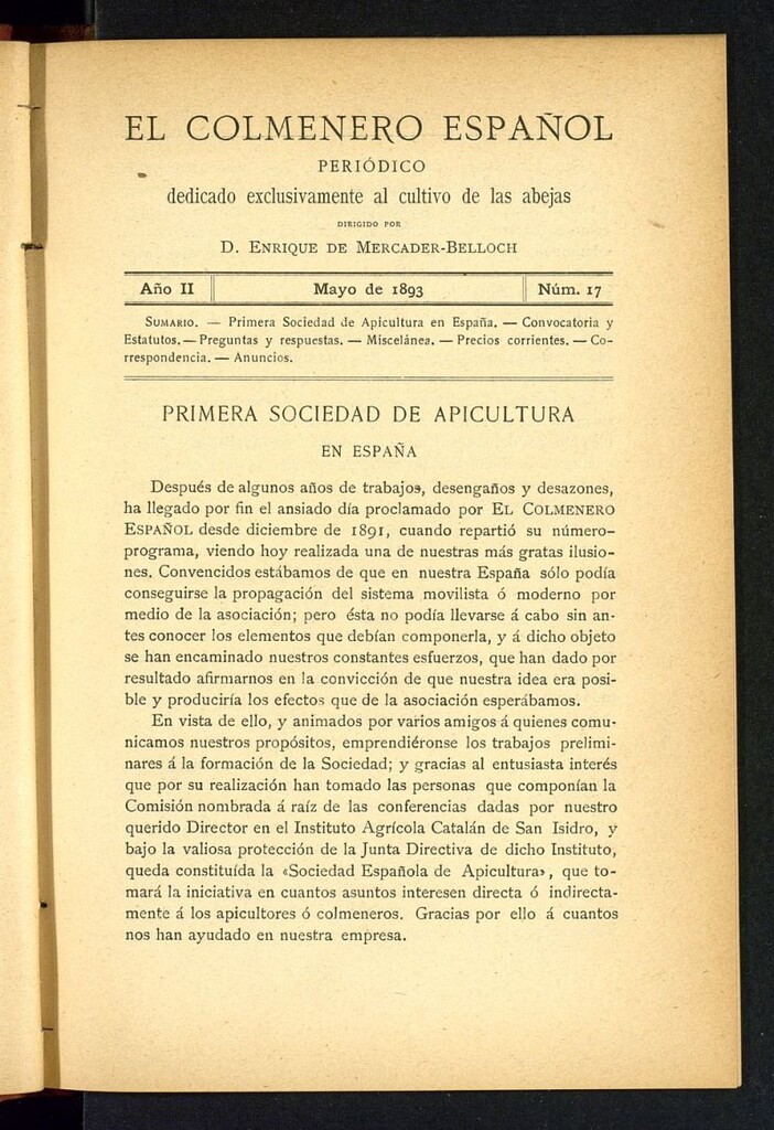 Miniatura de El Colmenero Español : periódico dedicado exclusivamente al cultivo de las abejas de mayo de 1893