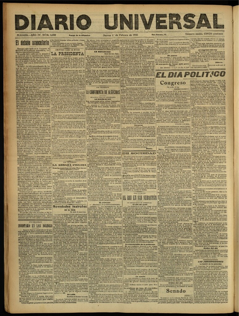Miniatura de Diario Universal del 1 de febrero de 1906, edición de noche