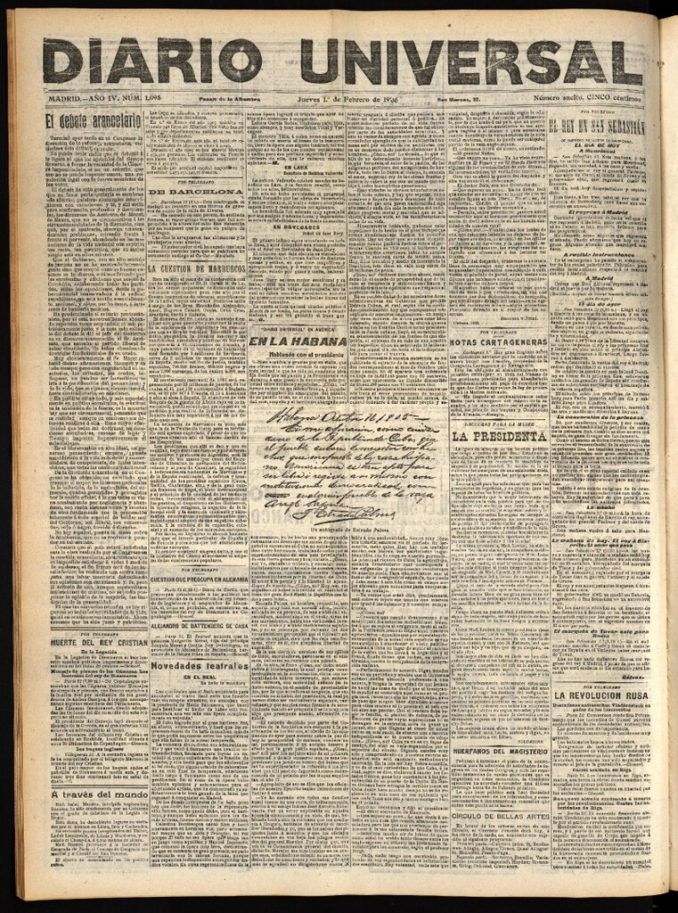 Miniatura de Diario Universal del 1 de febrero de 1906, edición de tarde