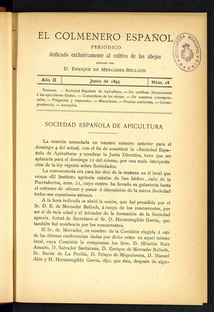 Miniatura de El Colmenero Español : periódico dedicado exclusivamente al cultivo de las abejas de junio de 1893