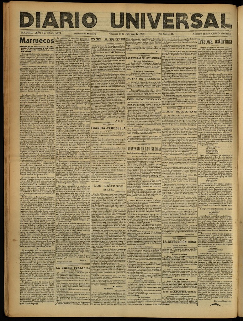 Miniatura de Diario Universal del 2 de febrero de 1906, edición de noche