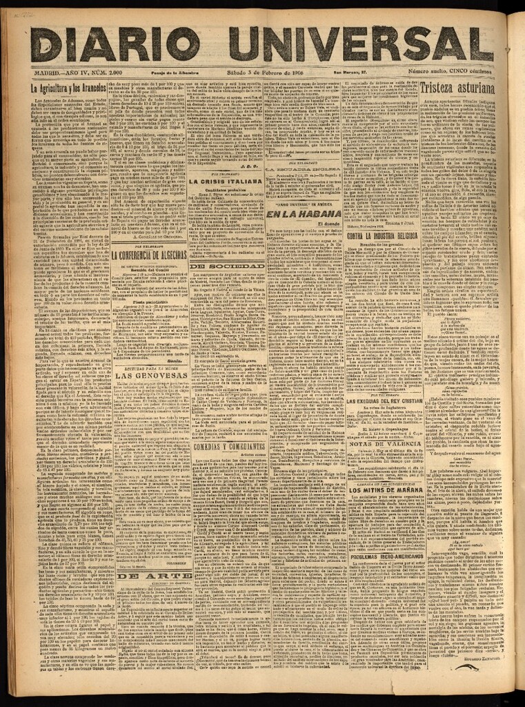 Miniatura de Diario Universal del 3 de febrero de 1906, edición de tarde