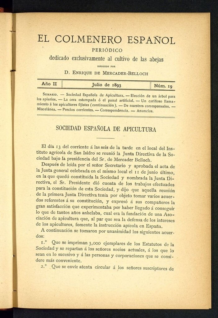 Miniatura de El Colmenero Español : periódico dedicado exclusivamente al cultivo de las abejas de julio de 1893