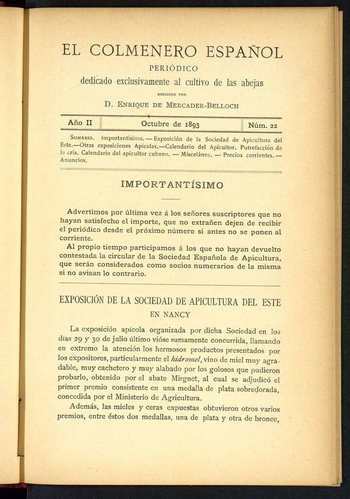 Miniatura de El Colmenero Español : periódico dedicado exclusivamente al cultivo de las abejas de octubre de 1893