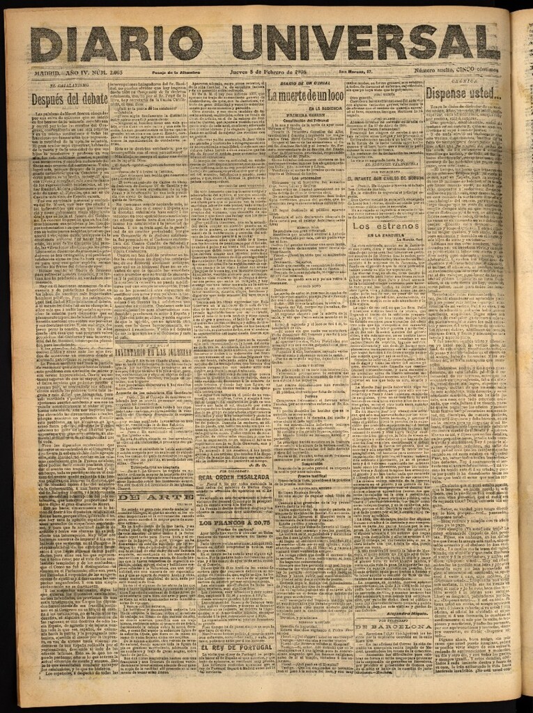Miniatura de Diario Universal del 8 de febrero de 1906, edición de tarde