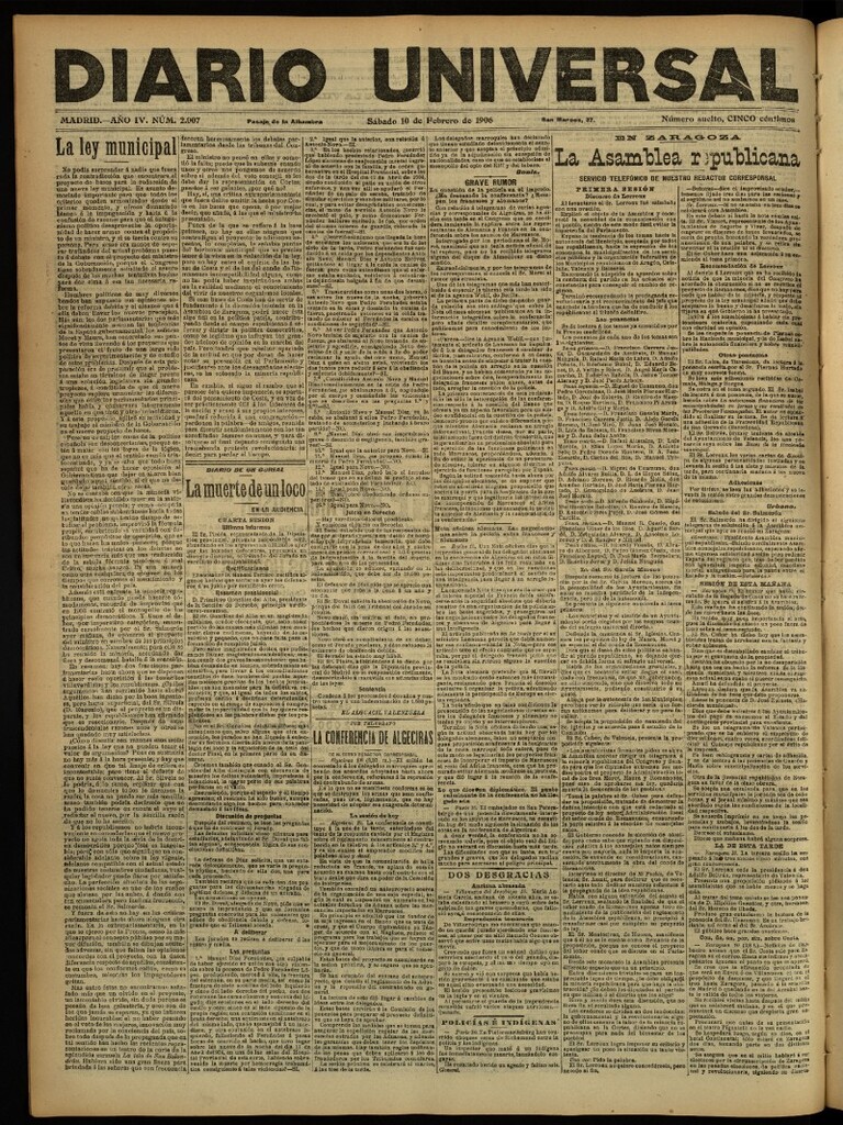 Miniatura de Diario Universal del 10 de febrero de 1906, edición de noche