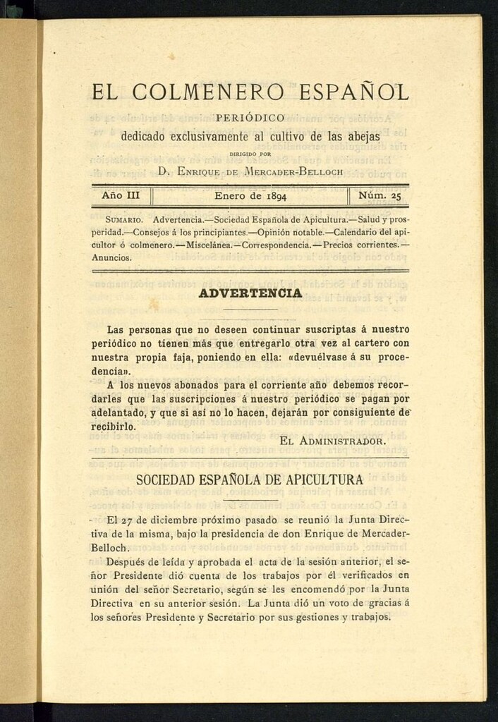 Miniatura de El Colmenero Español : periódico dedicado exclusivamente al cultivo de las abejas de enero de 1894