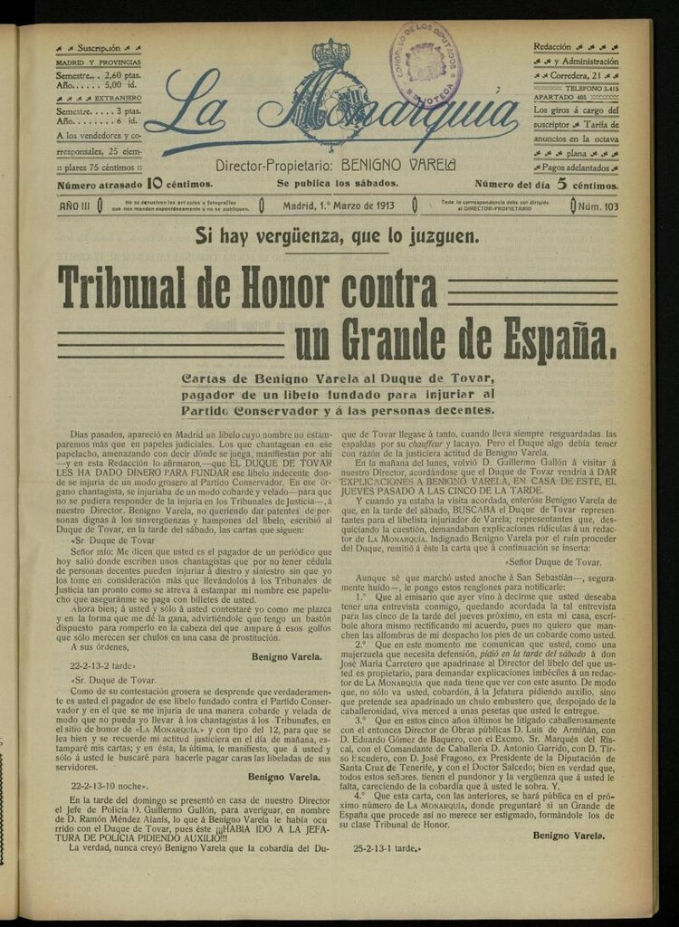 Miniatura de La Monarquía del 1 de marzo de 1913, nº 103