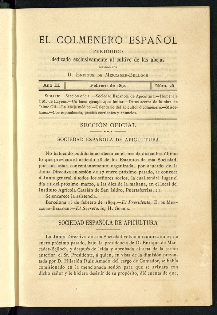 Miniatura de El Colmenero Español : periódico dedicado exclusivamente al cultivo de las abejas de febrero de 1894
