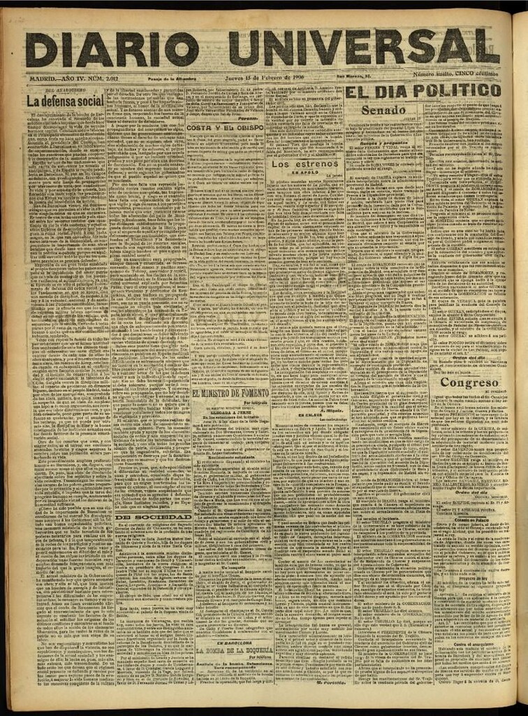 Miniatura de Diario Universal del 15 de febrero de 1906, edición de noche
