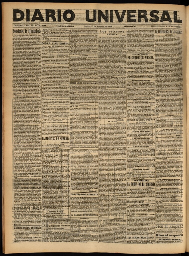 Miniatura de Diario Universal del 15 de febrero de 1906, edición de tarde