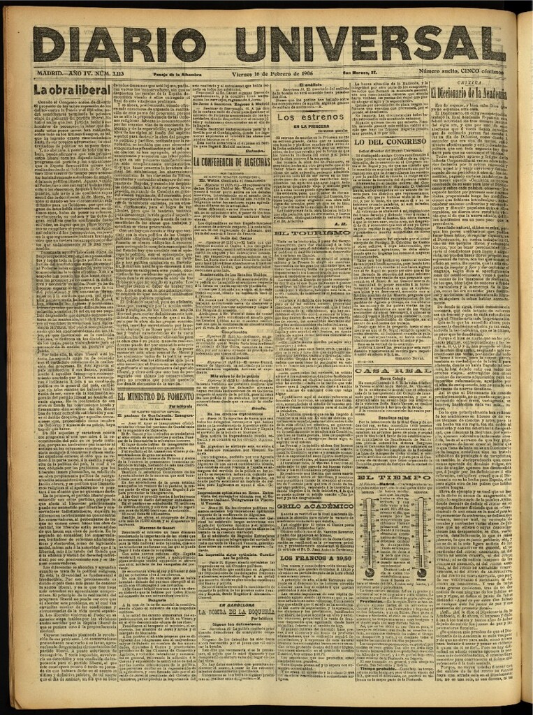 Miniatura de Diario Universal del 16 de febrero de 1906, edición de noche