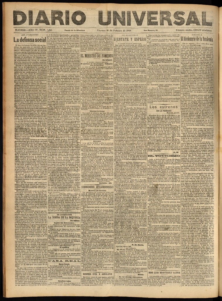 Miniatura de Diario Universal del 16 de febrero de 1906, edición de tarde