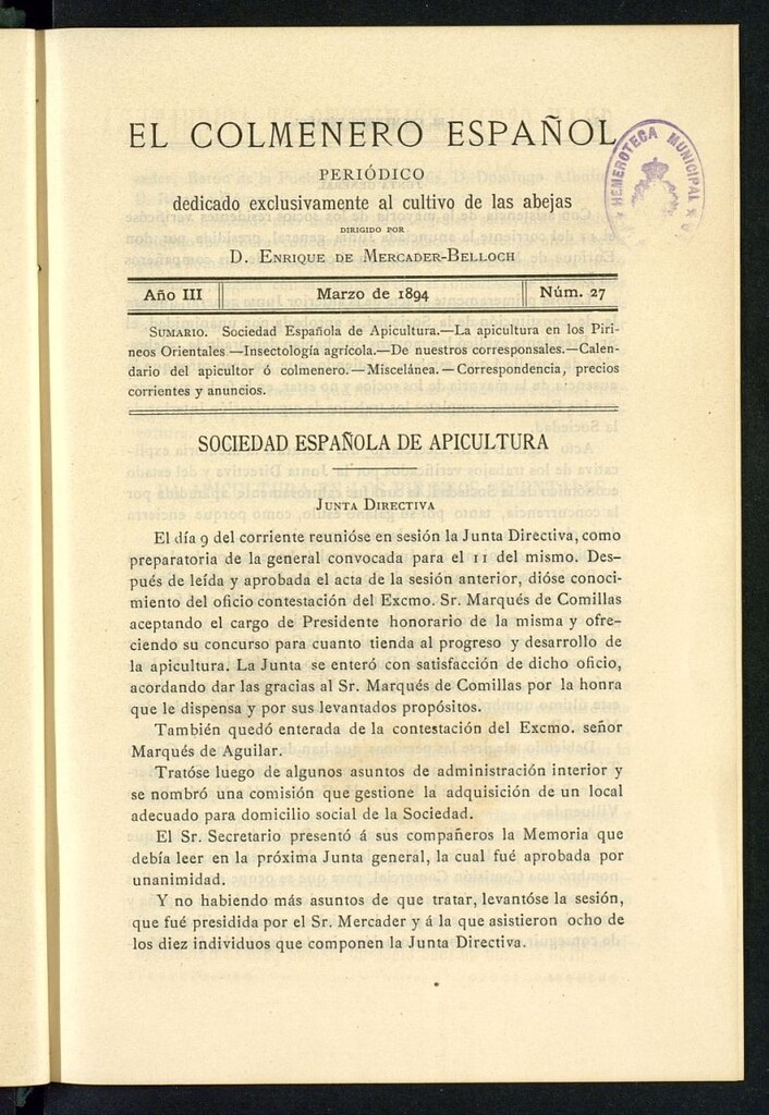 Miniatura de El Colmenero Español : periódico dedicado exclusivamente al cultivo de las abejas de marzo de 1894