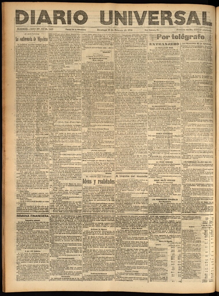 Miniatura de Diario Universal del 18 de febrero de 1906, edición de tarde
