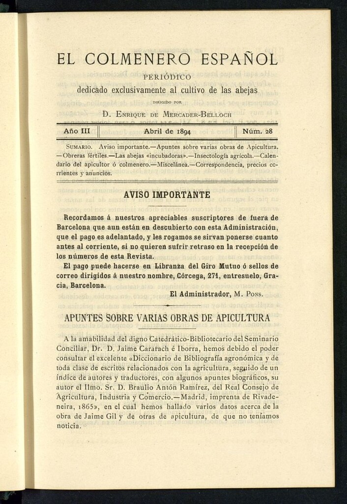 Miniatura de El Colmenero Español : periódico dedicado exclusivamente al cultivo de las abejas de abril de 1894