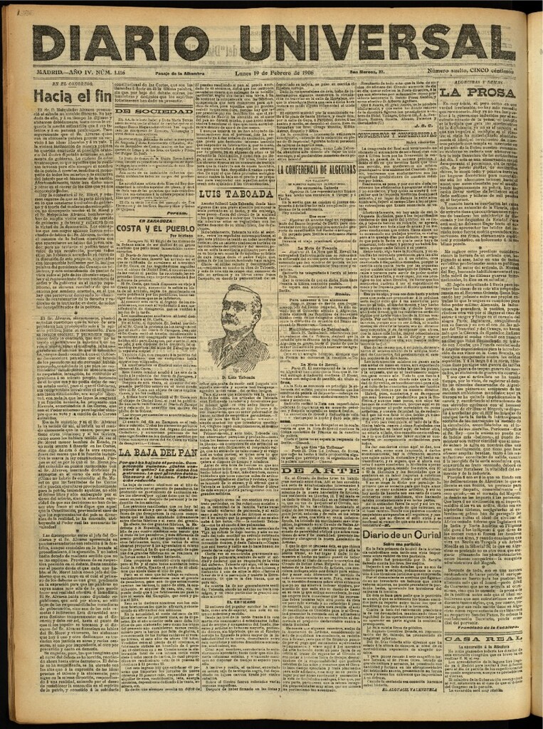 Miniatura de Diario Universal del 19 de febrero de 1906, edición de noche