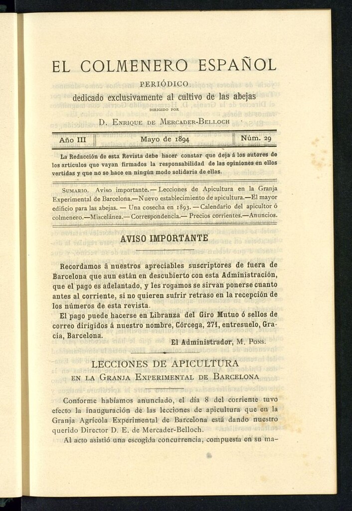 Miniatura de El Colmenero Español : periódico dedicado exclusivamente al cultivo de las abejas de mayo de 1894
