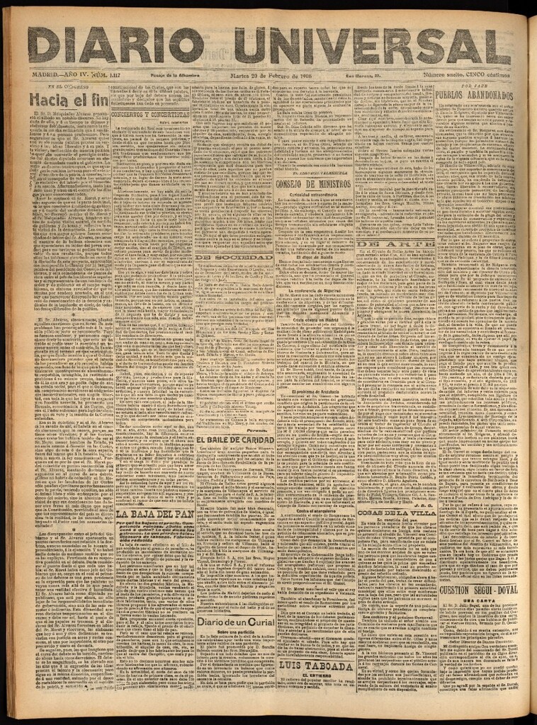 Miniatura de Diario Universal del 20 de febrero de 1906, edición de tarde