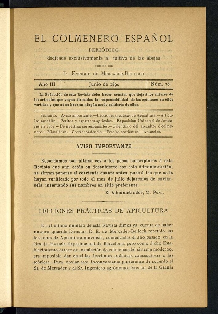 Miniatura de El Colmenero Español : periódico dedicado exclusivamente al cultivo de las abejas de junio de 1894
