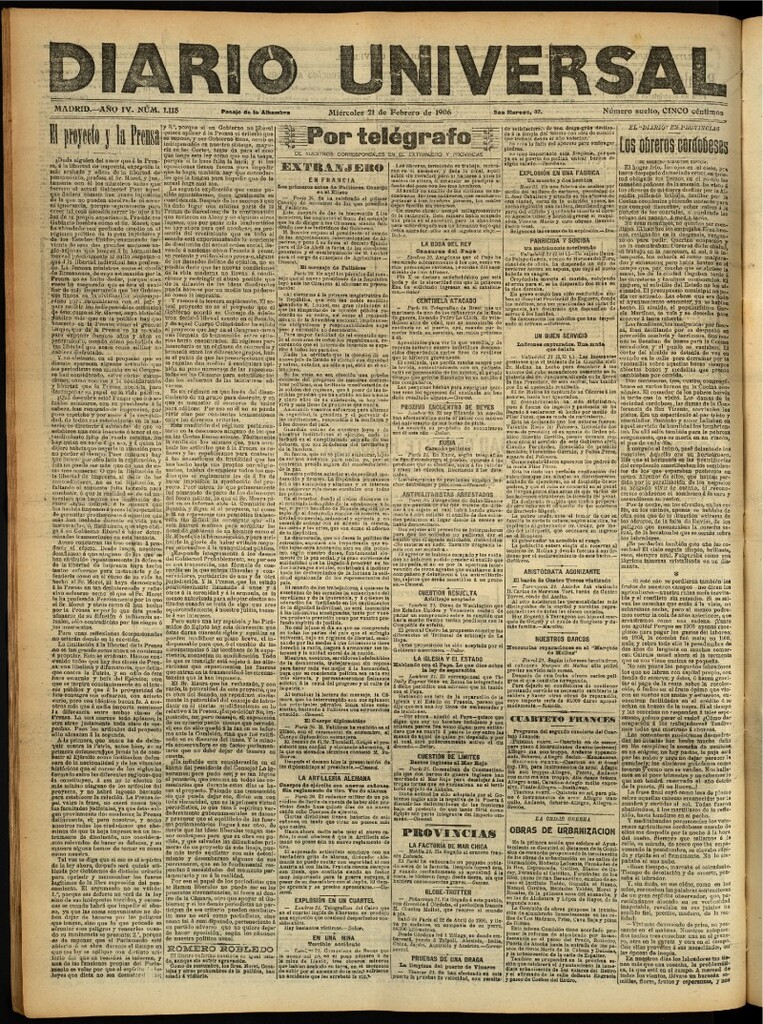 Miniatura de Diario Universal del 21 de febrero de 1906, edición de noche