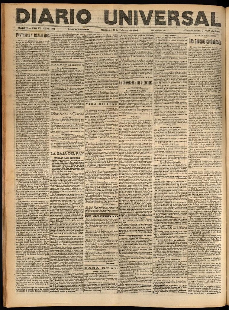 Miniatura de Diario Universal del 21 de febrero de 1906, edición de tarde
