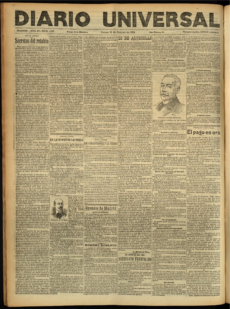 Miniatura de Diario Universal del 22 de febrero de 1906, edición de noche