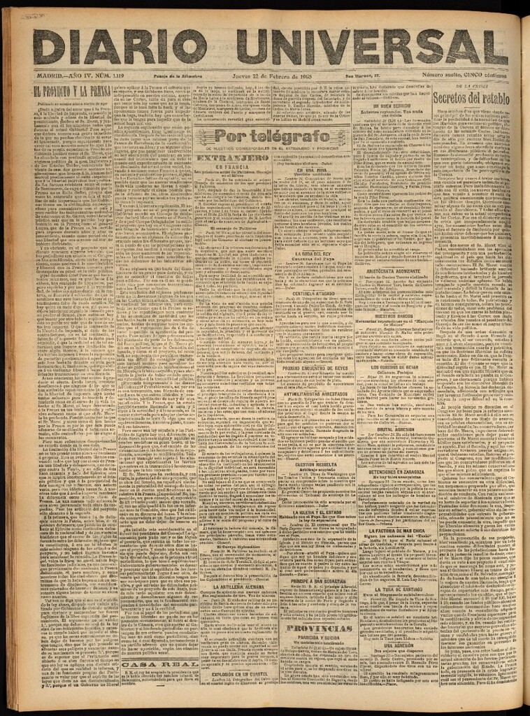 Miniatura de Diario Universal del 22 de febrero de 1906, edición de tarde