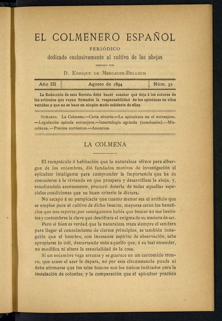 Miniatura de El Colmenero Español : periódico dedicado exclusivamente al cultivo de las abejas de agosto de 1894