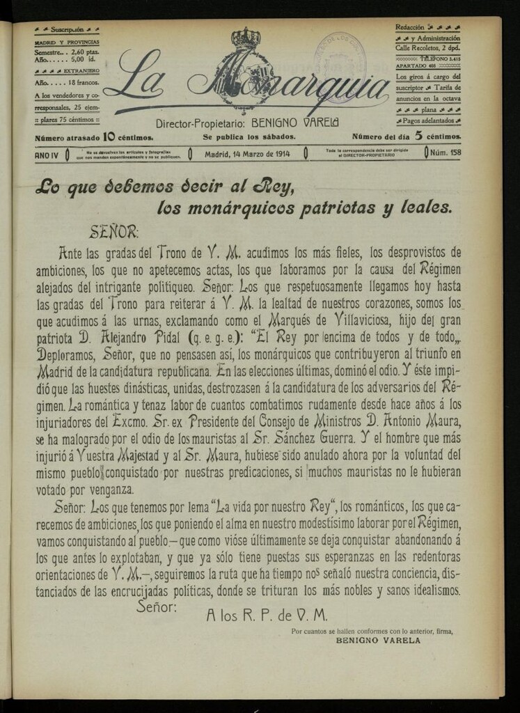 Miniatura de La Monarquía del 14 de marzo de 1914, nº 158