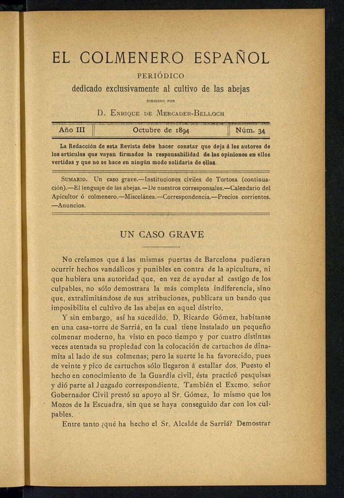 Miniatura de El Colmenero Español : periódico dedicado exclusivamente al cultivo de las abejas de octubre de 1894