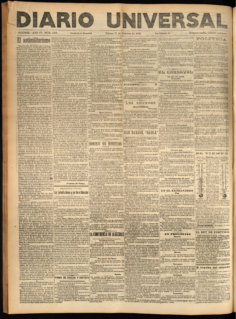 Miniatura de Diario Universal del 27 de febrero de 1906, edición de tarde