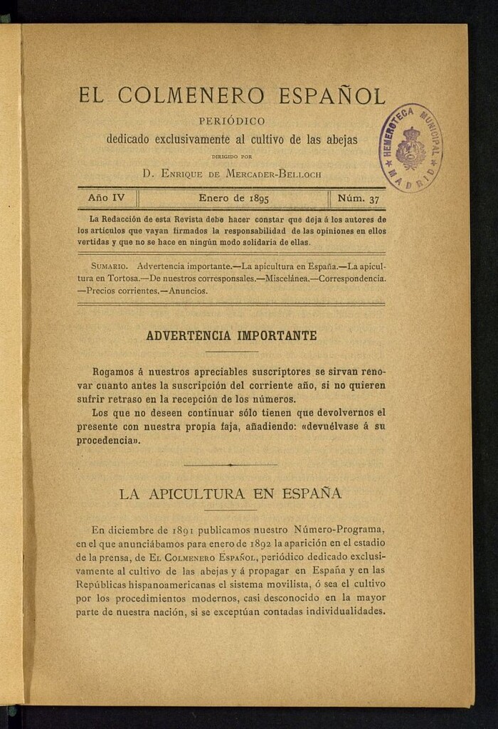 Miniatura de El Colmenero Español : periódico dedicado exclusivamente al cultivo de las abejas de enero de 1895