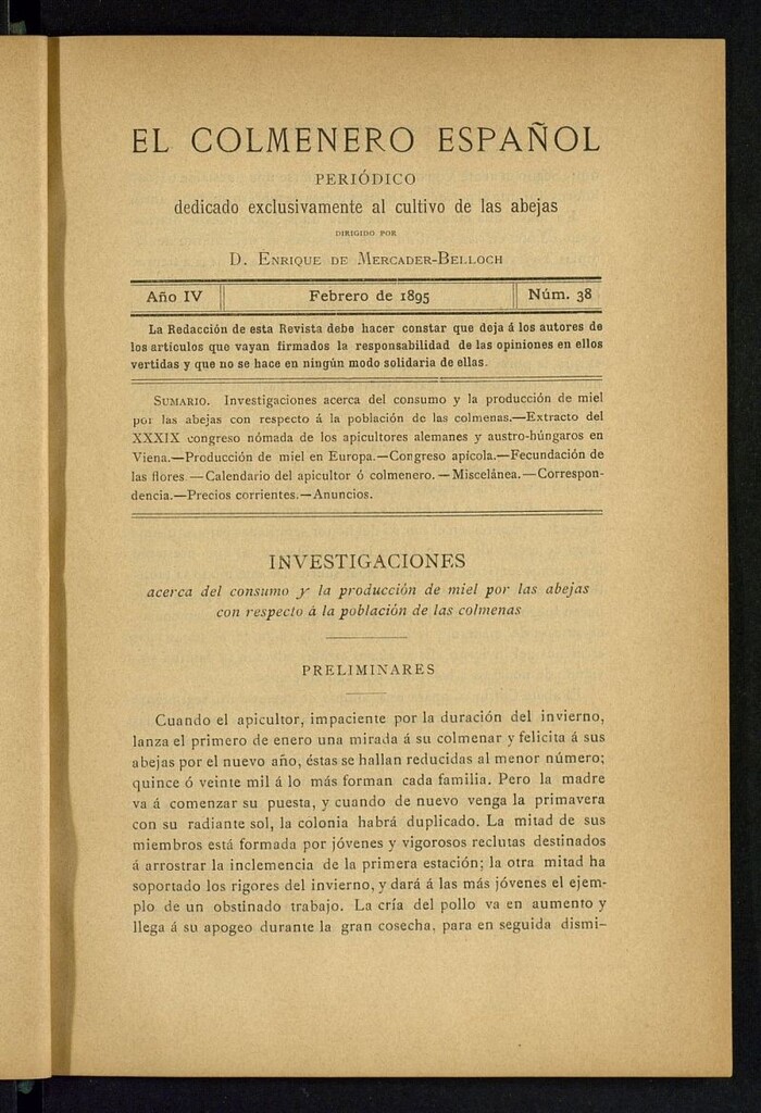 Miniatura de El Colmenero Español : periódico dedicado exclusivamente al cultivo de las abejas de febrero de 1895