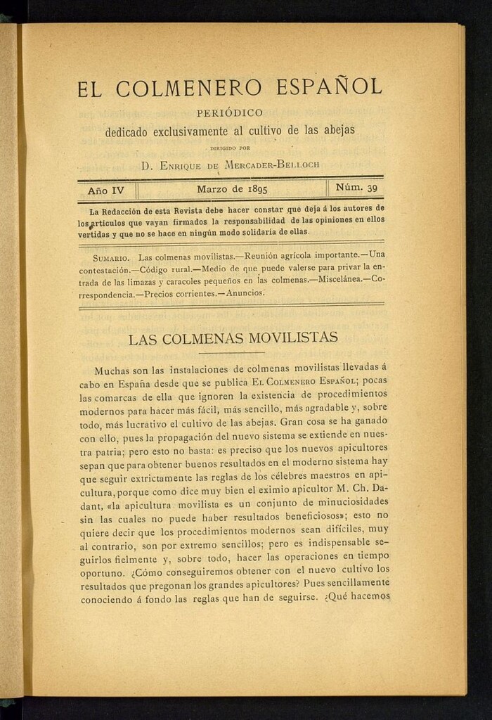 Miniatura de El Colmenero Español : periódico dedicado exclusivamente al cultivo de las abejas de marzo de 1895