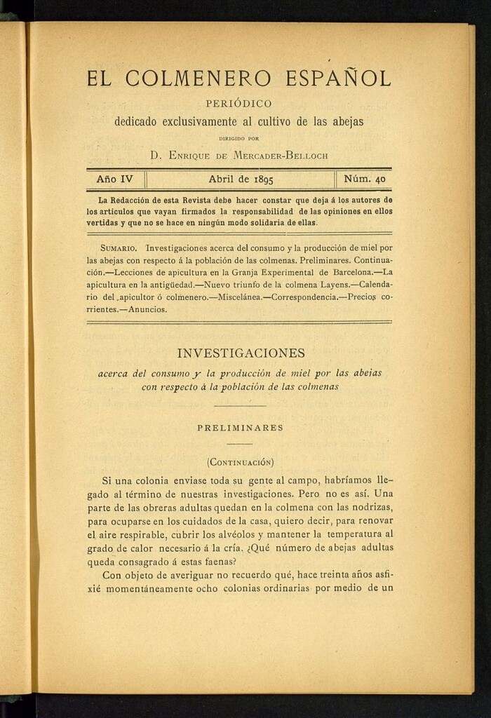 Miniatura de El Colmenero Español : periódico dedicado exclusivamente al cultivo de las abejas de abril de 1895