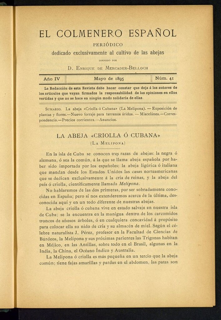 Miniatura de El Colmenero Español : periódico dedicado exclusivamente al cultivo de las abejas de mayo de 1895