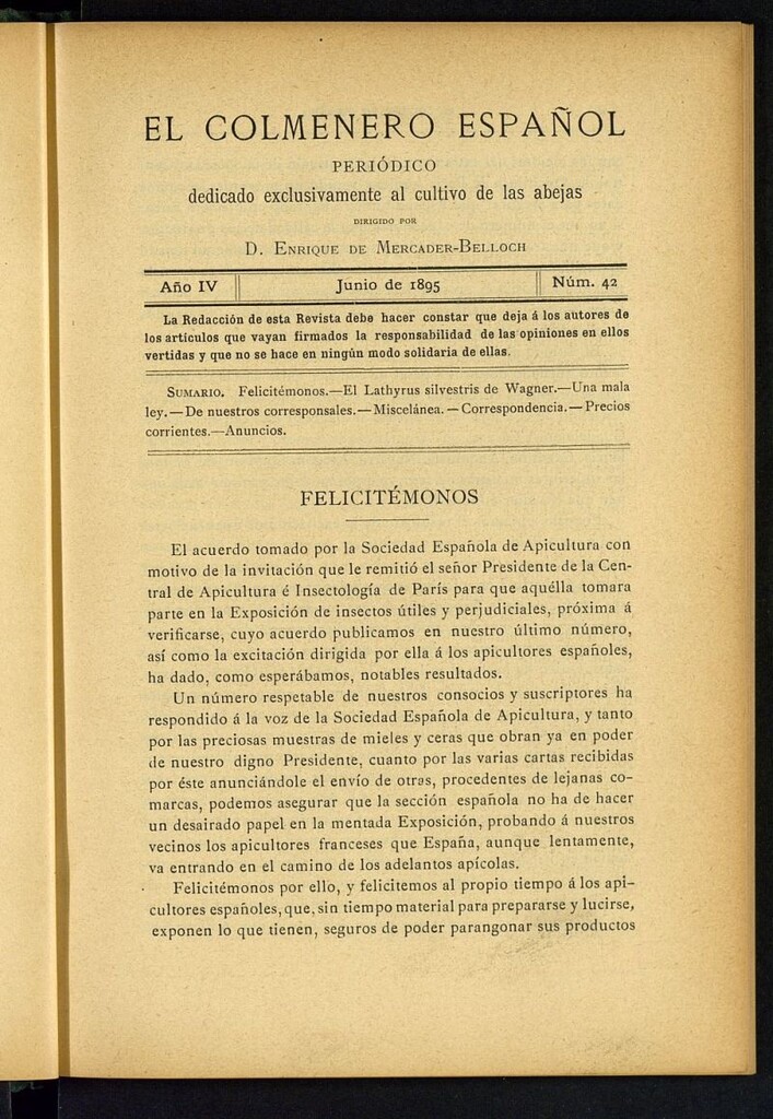 Miniatura de El Colmenero Español : periódico dedicado exclusivamente al cultivo de las abejas de junio de 1895