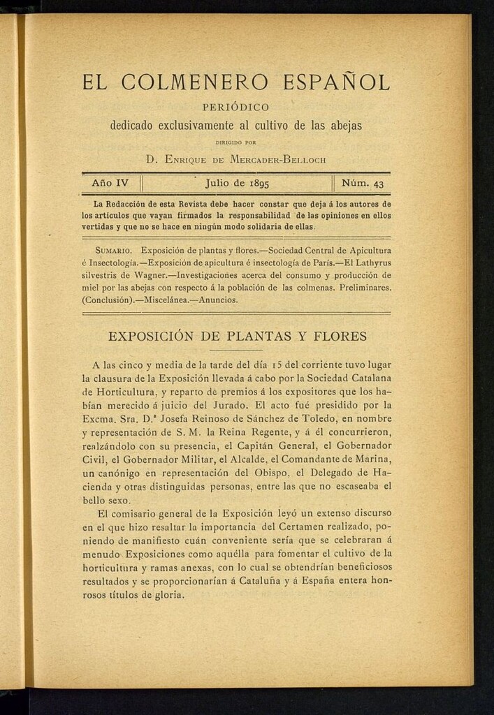Miniatura de El Colmenero Español : periódico dedicado exclusivamente al cultivo de las abejas de julio de 1895